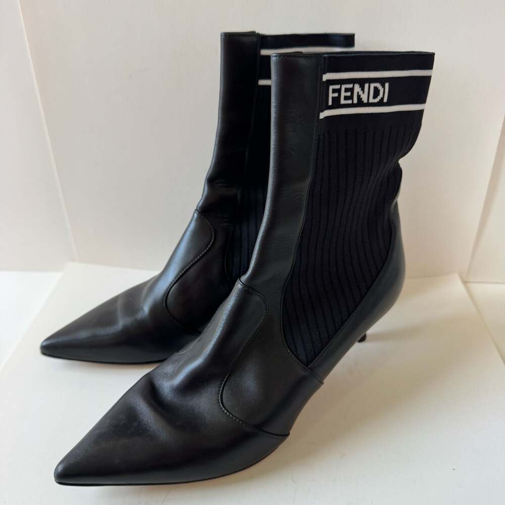 Fendi Rockoko Black Leather and Knit Pointed Toe Sock Boots Size 36